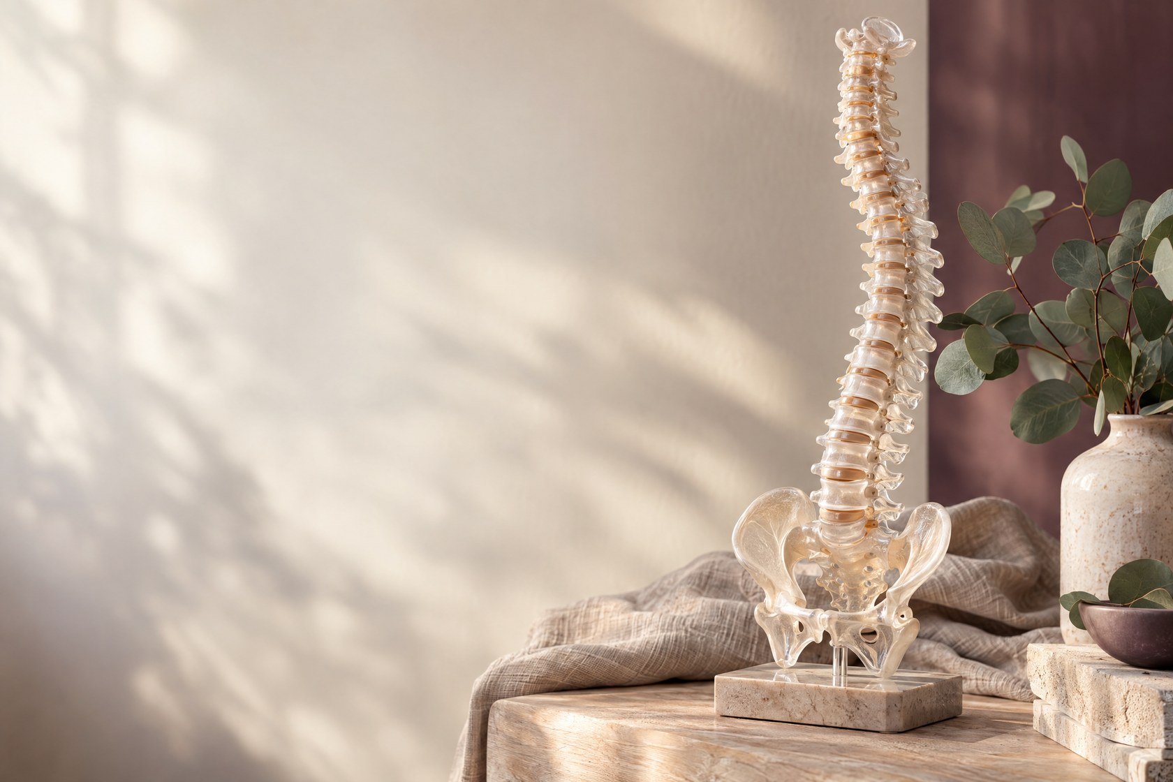 A translucent anatomical spine model in warm natural light